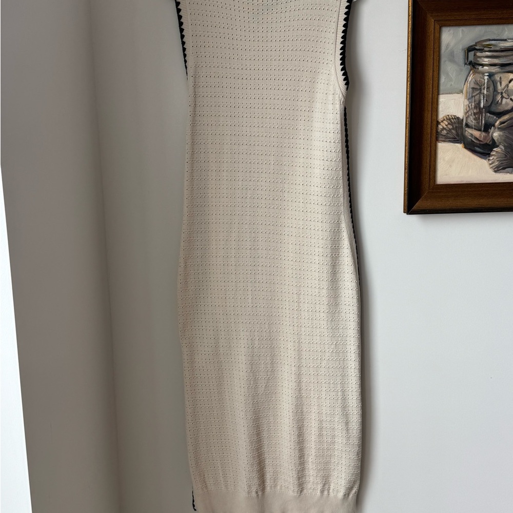 Varley Cream Knit Sleeveless Mini Dress with Black Scalloped Trim - Picture 3 of 5